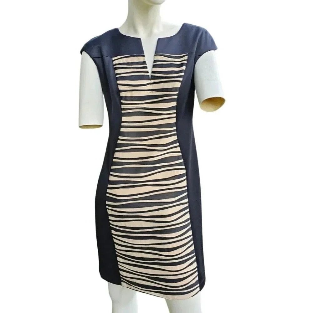 Connected Apparel Printed Contrast Sheath Dress Size 4P Black and Cream
